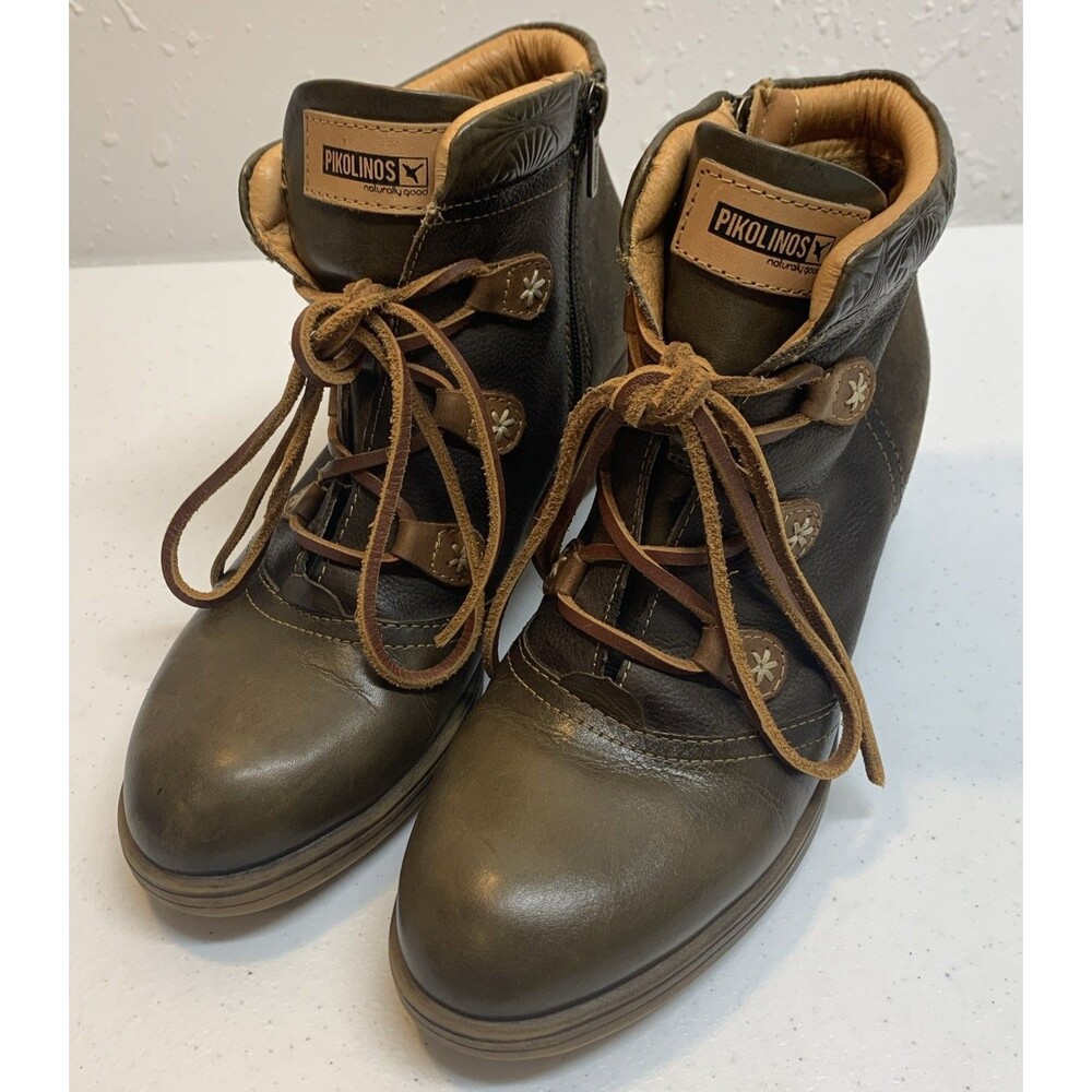 Pikolinos Le Mans Ankle Boots Womens 38 7.5 Sage Green Brown Leather Block Heel